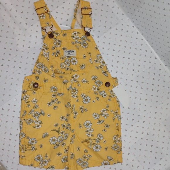 OSHKOSH B'GOSH: Girl's / Toddlers YELLOW BUTTERFLY 100% Cotton Shortall Overalls - Picture 1 of 4